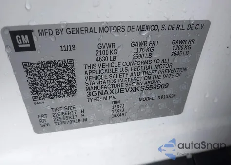 2019 Chevrolet Equinox Lt из США, поврежденный, VIN 3GNAXUEVXKS559909